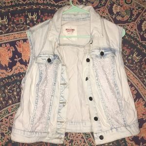 Light wash sleeveless jean vest with lace